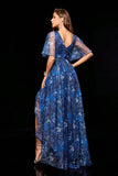 Navy V-Neck Bell Sleeve Floral Print High-Low Hemline Maxi Dress