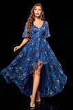 Navy V-Neck Bell Sleeve Floral Print High-Low Hemline Maxi Dress