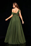 Army Green One Shoulder A Line Pleated Maxi Dress