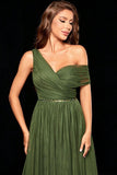 Army Green One Shoulder A Line Pleated Maxi Dress