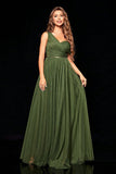 Army Green One Shoulder A Line Pleated Maxi Dress