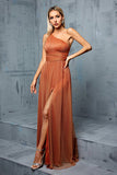 Brown One Shoulder A Line Pleated Maxi Dress