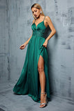 Dark Green Satin A Line V Neck Spaghetti Straps Maxi Dress with Slit