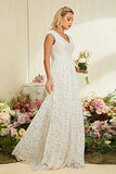 White Appliques A Line V Neck Tulle Spaghetti Straps Wedding Dress