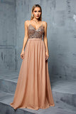 Sparkly Sequins Blush A Line V Neck Spaghetti Straps Maxi Dress