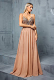 Sparkly Sequins Blush A Line V Neck Spaghetti Straps Maxi Dress