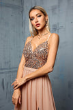 Sparkly Sequins Blush A Line V Neck Spaghetti Straps Maxi Dress