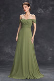 Army Green Chiffon A Line Off the Shoulder Maxi Dress