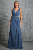 Grey Blue Chiffon A Line V Neck Maxi Dress