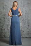 Grey Blue Chiffon A Line V Neck Maxi Dress