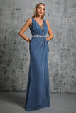 Grey Blue Chiffon A Line V Neck Maxi Dress