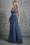 Grey Blue Chiffon A Line V Neck Maxi Dress