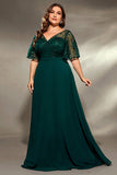 Plus Size Dark Green Embroidered A Line V Neck Maxi Dress with Half Sleeves