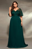 Plus Size Dark Green Embroidered A Line V Neck Maxi Dress with Half Sleeves