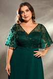 Plus Size Dark Green Embroidered A Line V Neck Maxi Dress with Half Sleeves