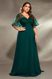 Plus Size Dark Green Embroidered A Line V Neck Maxi Dress with Half Sleeves