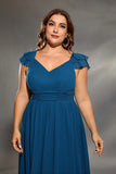 Plus Size Ink Blue A Line V Neck Ruffled Pleated Maxi Dress