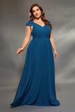 Plus Size Ink Blue A Line V Neck Ruffled Pleated Maxi Dress