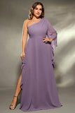 Plus Size Grey Purple One Shoulder Ruffled Sleeves Chiffon Maxi Dress with Slit