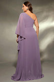 Plus Size Grey Purple One Shoulder Ruffled Sleeves Chiffon Maxi Dress with Slit