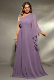 Plus Size Grey Purple One Shoulder Ruffled Sleeves Chiffon Maxi Dress with Slit