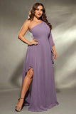 Plus Size Grey Purple One Shoulder Ruffled Sleeves Chiffon Maxi Dress with Slit