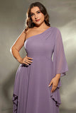 Plus Size Grey Purple One Shoulder Ruffled Sleeves Chiffon Maxi Dress with Slit