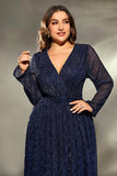 Sparkly Navy Plus Size V Neck Maxi Dress with Long Sleeves