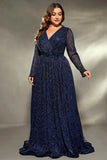 Sparkly Navy Plus Size V Neck Maxi Dress with Long Sleeves