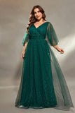 Sparkly Dark Green Plus Size A Line Tulle Maxi Dress with Sleeves