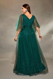 Sparkly Dark Green Plus Size A Line Tulle Maxi Dress with Sleeves