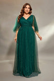 Sparkly Dark Green Plus Size A Line Tulle Maxi Dress with Sleeves