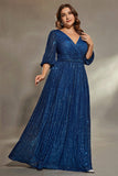 Ink Blue Plus Size Sequins A Line Maxi Dress with Sleeves