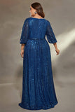 Ink Blue Plus Size Sequins A Line Maxi Dress with Sleeves