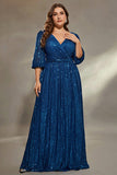 Ink Blue Plus Size Sequins A Line Maxi Dress with Sleeves