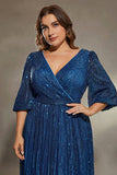 Ink Blue Plus Size Sequins A Line Maxi Dress with Sleeves