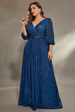 Ink Blue Plus Size Sequins A Line Maxi Dress with Sleeves