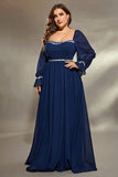 Navy Plus Size Flared Long Sleeves A Line Maxi Dress