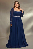 Navy Plus Size Flared Long Sleeves A Line Maxi Dress