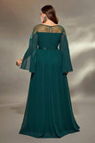 Dark Green Plus Size Bateau Neck Slit Sleeves Maxi Dress