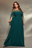 Dark Green Plus Size Bateau Neck Slit Sleeves Maxi Dress