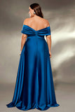 Royal Blue Plus Size Off the Shoulder Satin A Line Maxi Dress