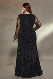 Sparkly Black Plus Size Lace Sleeves Maxi Dress with Slit