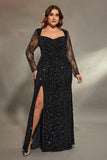 Sparkly Black Plus Size Lace Sleeves Maxi Dress with Slit