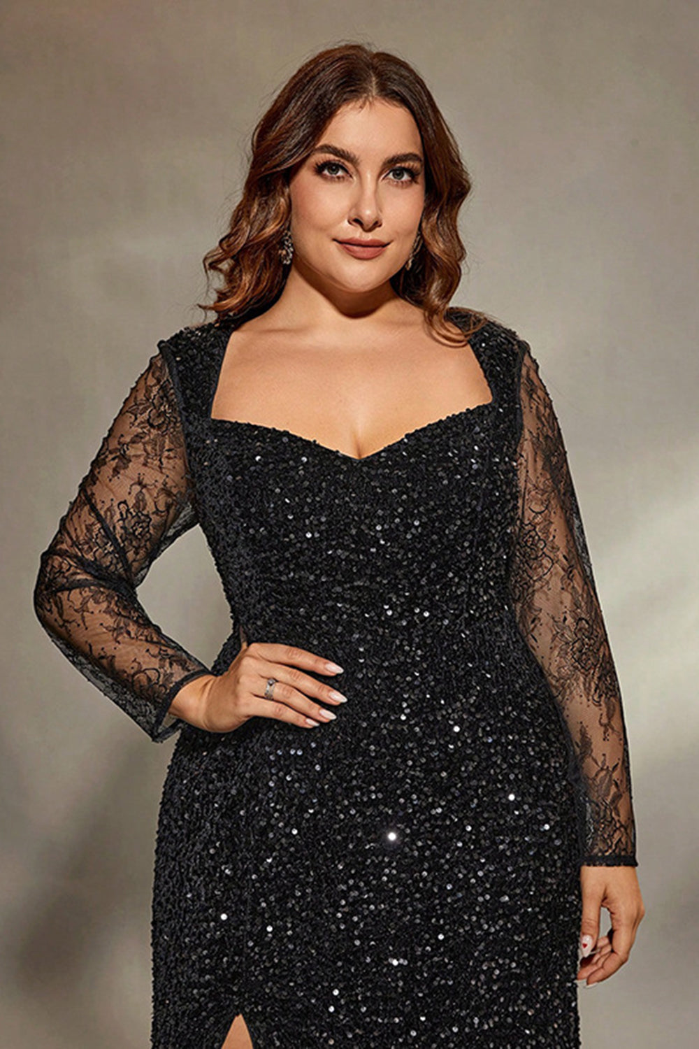 Berylove Women Sparkly Black Maxi Mother Dress Plus Size A Line Lace Long  Sleeves Wedding Party Guest Dress with Slit