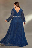 Sparkly Royal Blue V Neck Lantern Sleeves Sash Maxi Dress with Slit