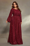 Dark Red Sequined Plus Size Round Neck Long Sleeves Maxi Dress