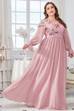 Plus Size Blush Round Neck Chiffon Embroidered Maxi Dress with Sleeves