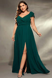 Plus Size Dark Green V Neck Ruffle Sleeves Maxi Dress with Slit