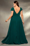 Plus Size Dark Green V Neck Ruffle Sleeves Maxi Dress with Slit